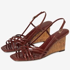 Tory Burch Patent Strappy Cork Wedge Sandals in Mauve Brown